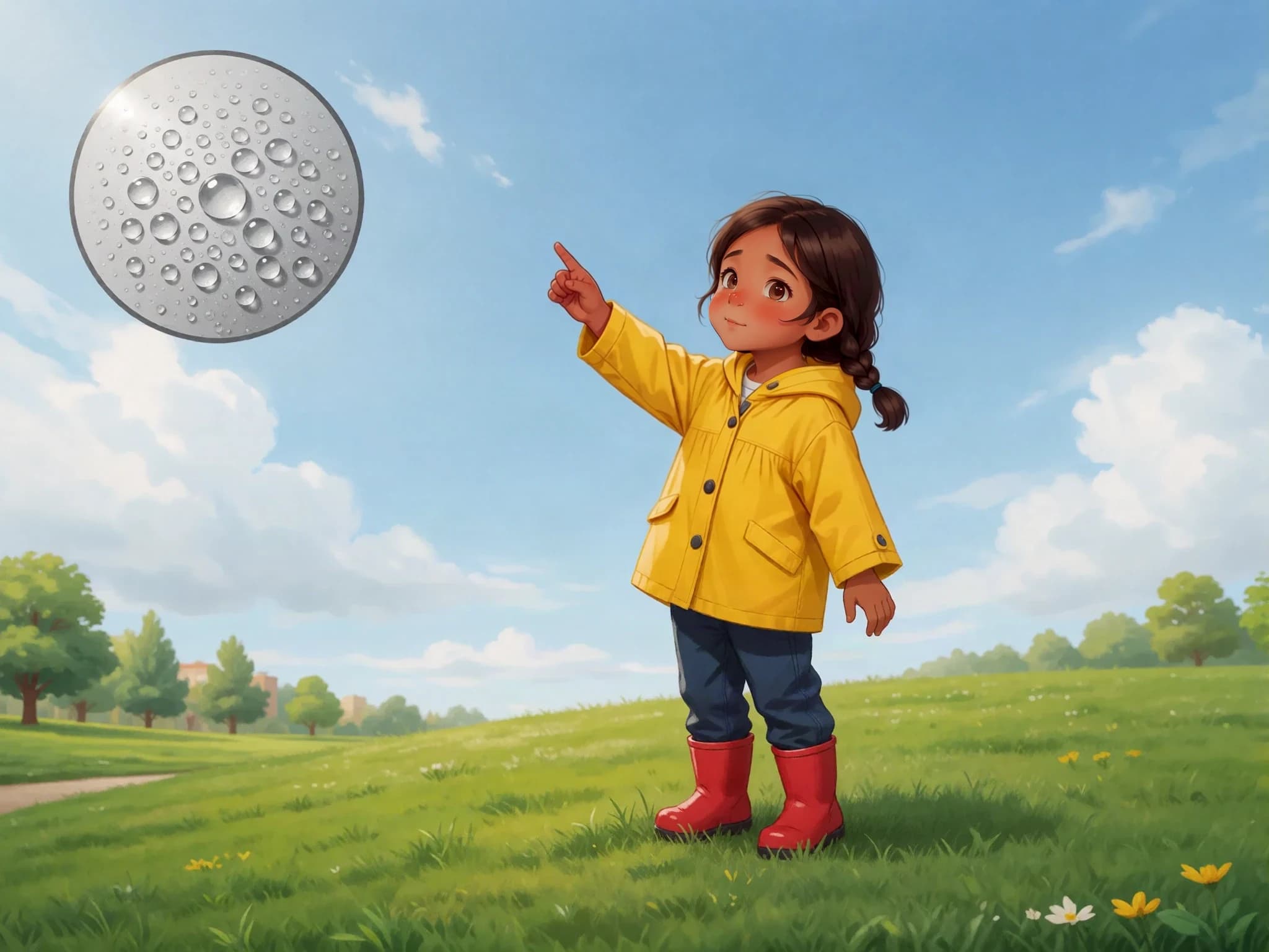 Amira points at clouds, with a magnified illustration of tiny water droplets.