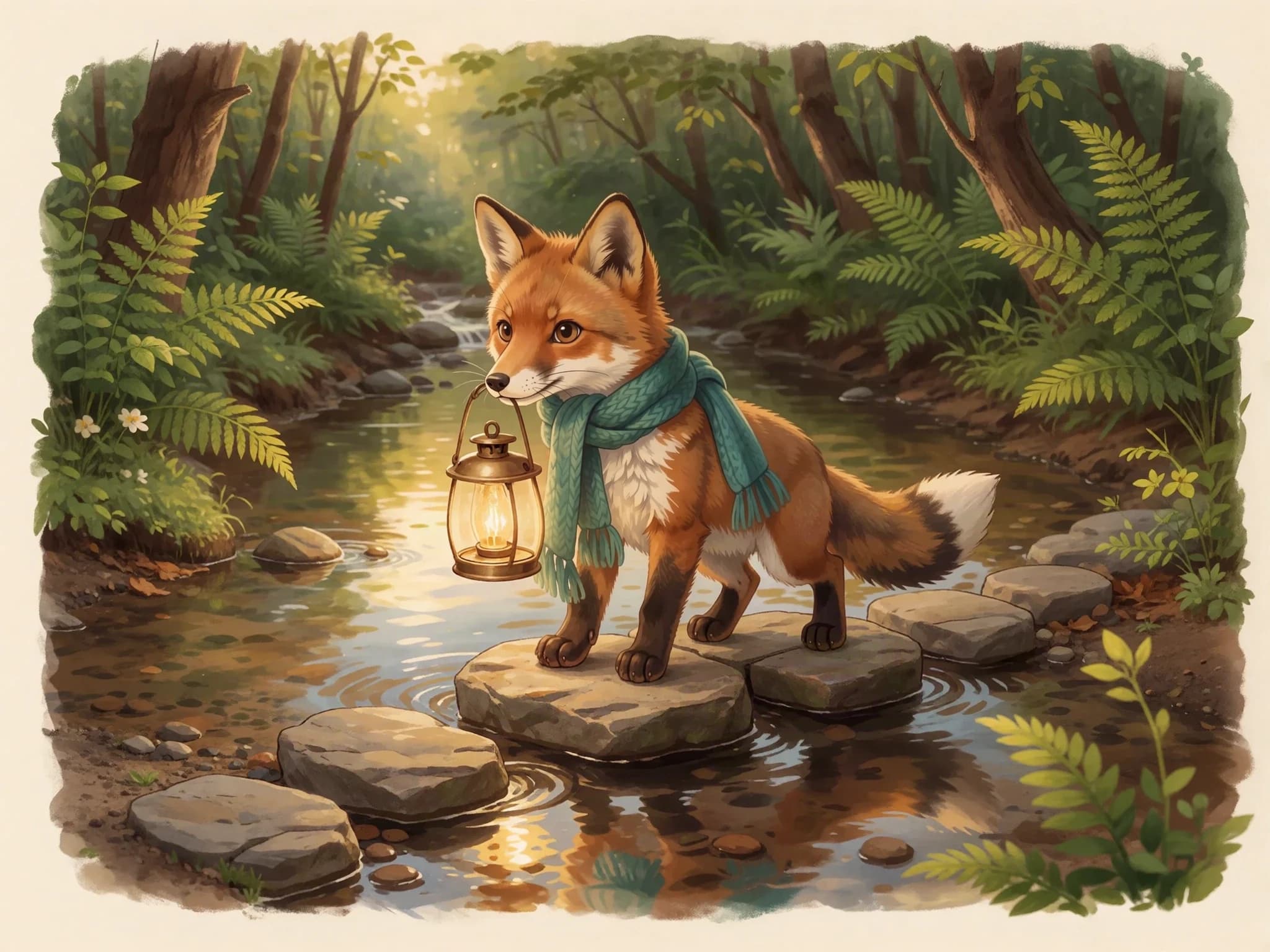 Fern carries the lantern over stepping stones across a woodland stream.