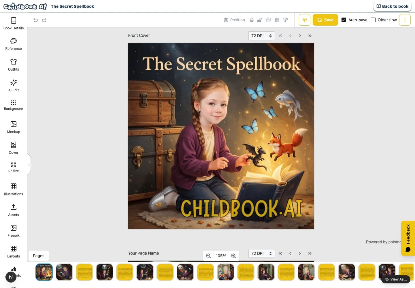 Childbook book editor showing an illustrated page and editable layout controls